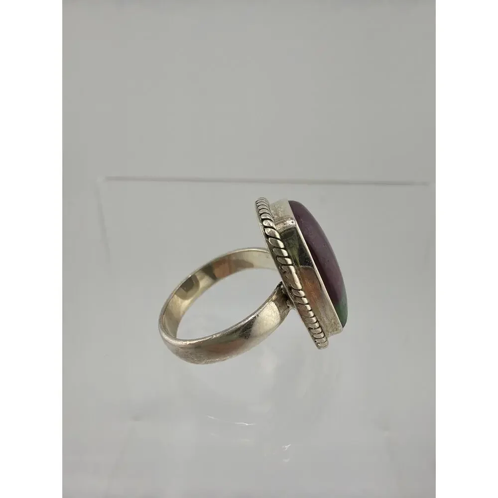 Rectangular Ruby-Zoisite Twisted Rope Border 925 Sterling Silver Ring Size 7